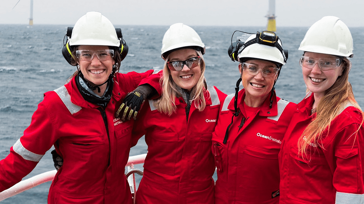 Offshore team in safety gear communicating in English at sea