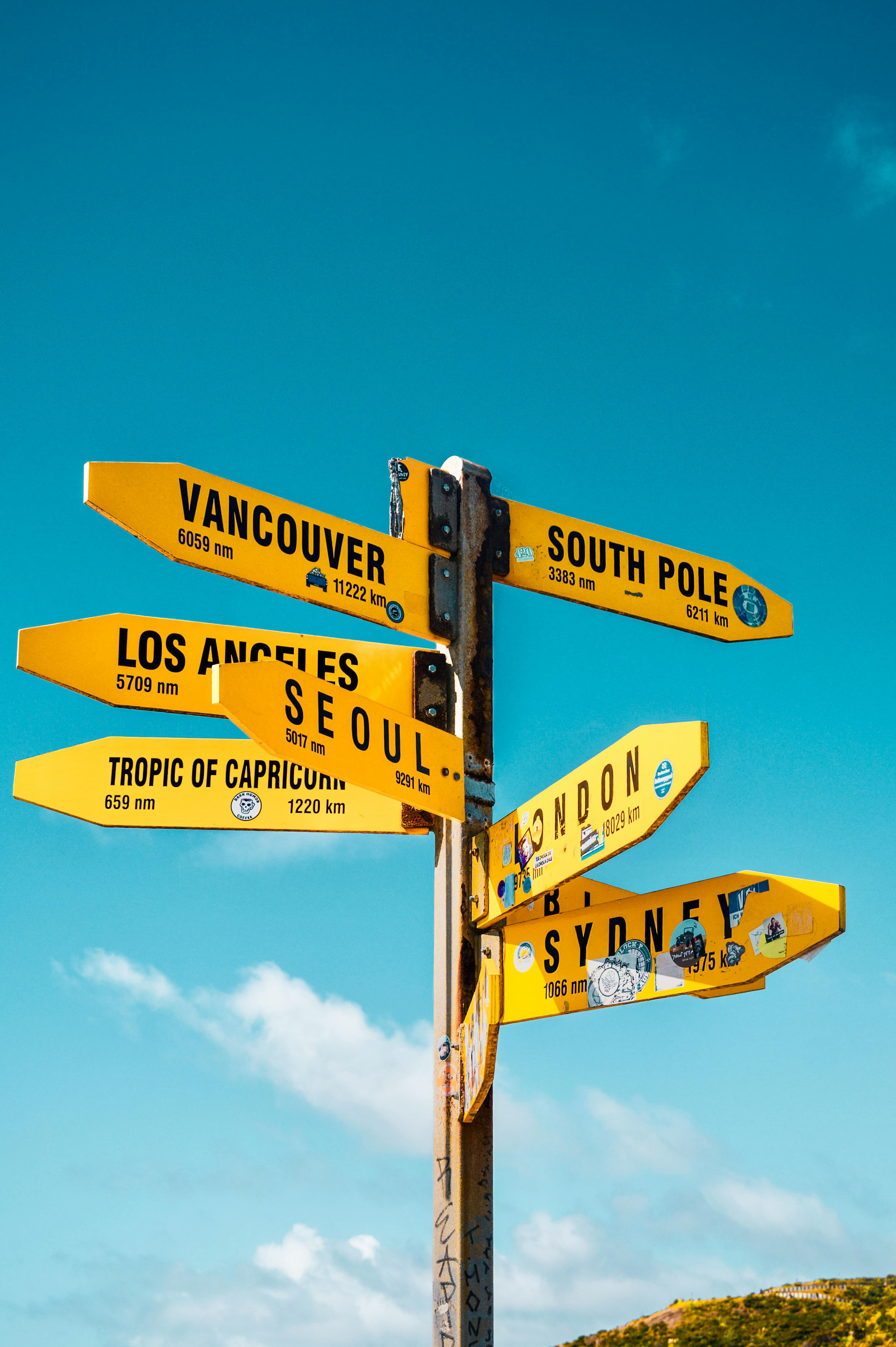 Direction sign with international destinations — Vancouver, London, Sydney